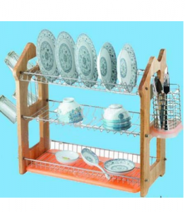 3 straturi de bucătărie de sârmă de metal Dish Drainer Rack placă de lemn