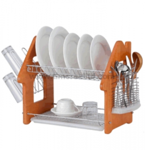 Metal Wire Kitchen Dish Rack with Wooden Board H Shape