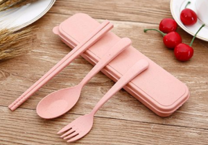 Nature Wheat Straw Travel Portable Cutlery Set,Environmentally Friendly Husk Fibre Spoon Fork Chopsticks