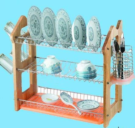 Big Discount Food Grade Water Kettle -
 3 Layers Kitchen Metal Wire Dish Drainer Rack Wooden Board – Long Prosper