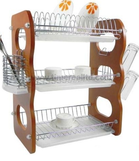 Metal Wire Kitchen Dish Rack Wooden Board