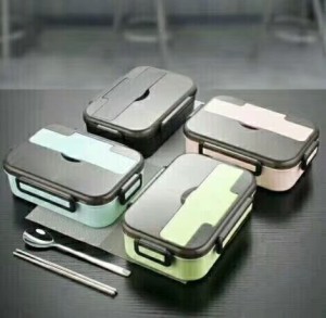 2 Grids Stainless Steel And Plastic Lunch Box With Spoon And Chopsticks-No. Lb21-Kitchen Utensils