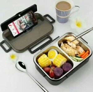 2 Grids Stainless Steel And Plastic Lunch Box With Spoon And Chopsticks-No. Lb21-Kitchen Utensils