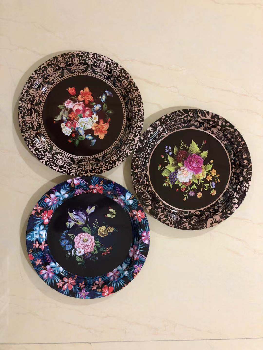 Cheapest Price Matte Black Dinner Plates -
 27CM Tinplate Round Tray With Flower Painting – Long Prosper