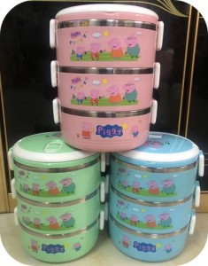 3 Tiers Round Cartoon Lunch Box,Peppa Pig Spill-proof Bento Box,High Quality Children Food Carrier