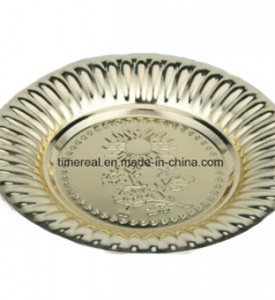 Golden Color Stainless Steel Soup Plate Round Tray With Flowers
