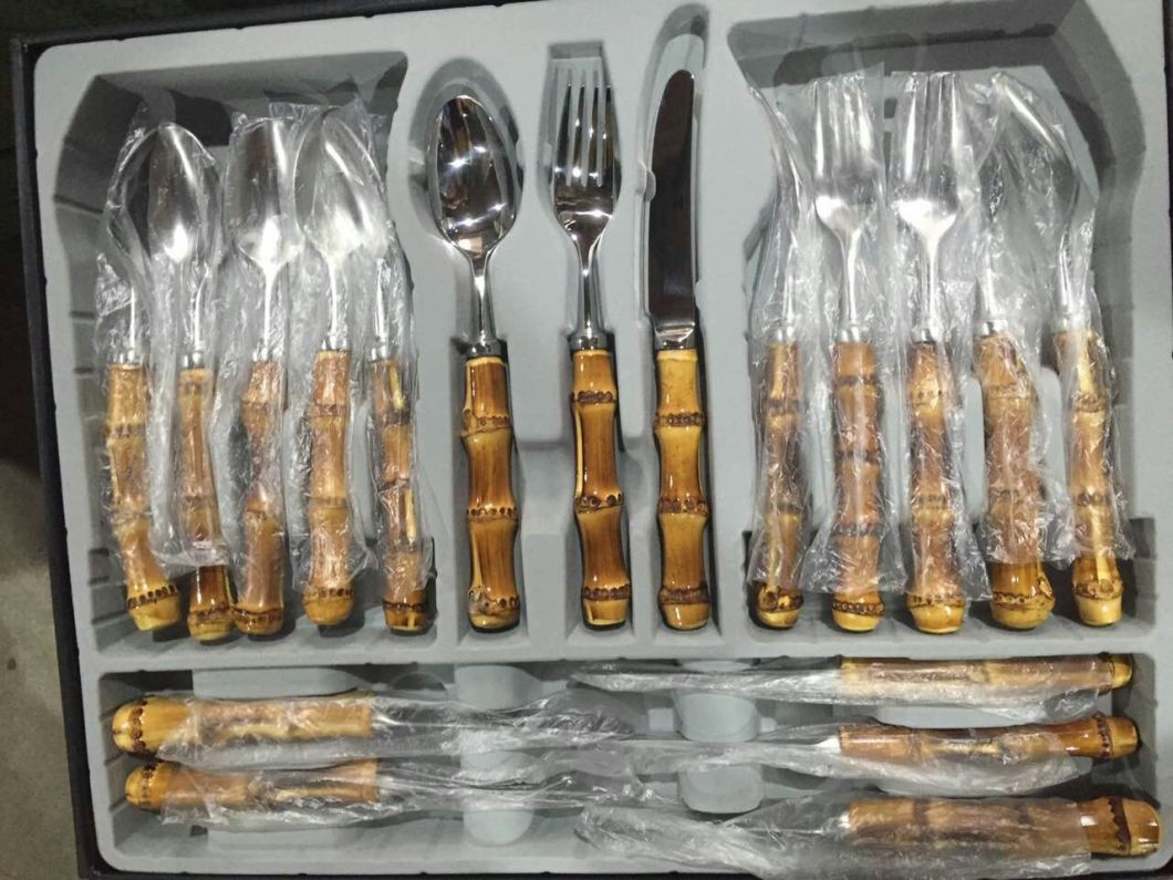 18-0 Stainless Steel Dinner Cutlery Tableware with Bamboo Handle Knife Fork Spoon Flatware Set