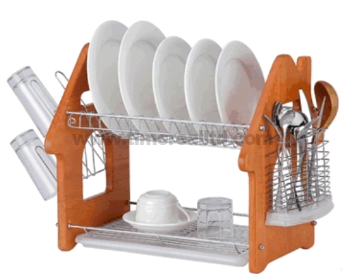 Metal Wire Kitchen Dish Rack with Wooden Board H Shape
